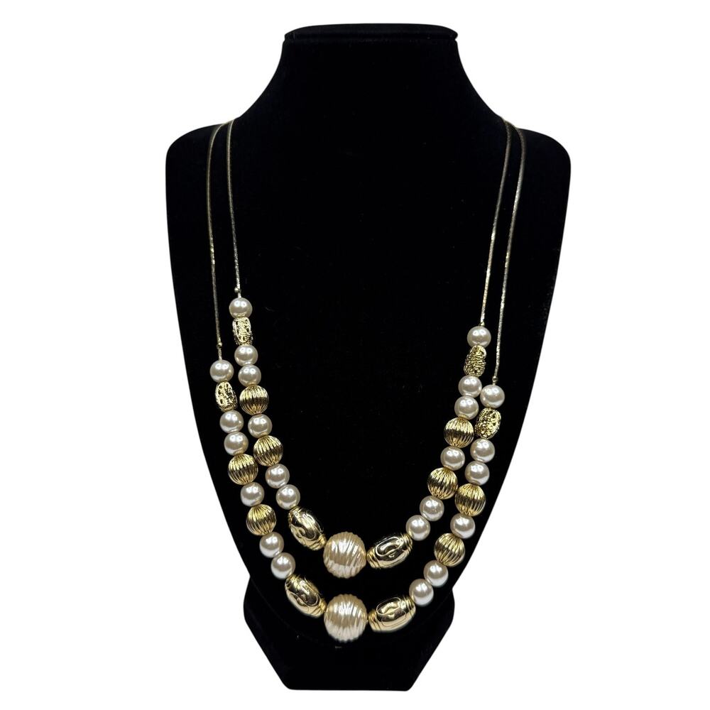 Elegant Long Gold Tone Layered Faux Pearl Beaded Fashion Necklace Jewelry 30in